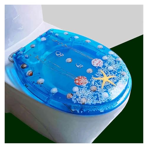Badezimmer-Toilettensitz aus Kunstharz mit Absenkautomatik, robuster Toilettendeckel mit Kunst-3D-Effekten, geräuschloses Design, geeignet for Toiletten vom Typ U/V/O(Blue 8) von KAnduo