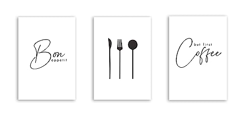 Sprüche Typografie Poster Küche Bon Appetit Besteck Kaffee Schwarz Weiß Leinwand Gemälde Modern Minimalist Druck Wand Kunst Dekor Kein Rahmen von KAnduo
