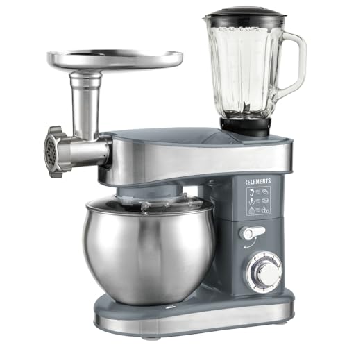 KB ELEMENTS 3-in-1 Küchenmaschine - Multifunktions Küchenmaschine - Knetmaschine - 7,5 Liter 2000W - Mit Fleischwolf, Mit Pasta set, 1,5L Mixer (Grau) von KB ELEMENTS