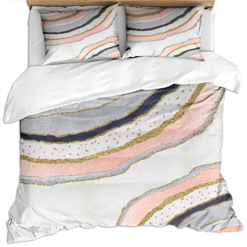 KBDQGX Bettwäsche 3 Teilig 220X240Cm 3D Weißer Hintergrund Mit Rosa, Grauen Und Blauen Streifen Und Goldener Verzierung Druck Muster Microfaser Erwachsene Bettbezug Set, Weiche Flauschige Bettbezüg von KBDQGX