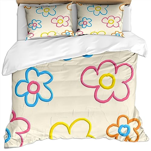 KBDQGX Erwachsene Bettwäsche 220X240Cm 3 Teilig Mikrofaser Bettbezug Set Mit 2 Kopfkissenbezug 80X80Cm Weiche Flauschige 3D Bunte Dreidimensionale Blumen Auf Weißem Hintergrund Druck Muster Bettbez von KBDQGX