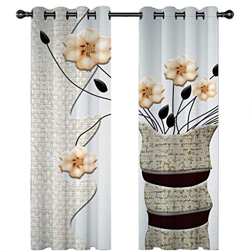 Thermovorhang Hitzeschutz Und Verdunklung Mit Ösen 2Er Set Blumenkunst In Hellgrau-Weißer Und Brauner Vase 234X230Cm Vorhang Blickdicht Verdunklungsvorhänge Kinderzimmer Wohnzimmer Schlafzimmer Gar von KBDQGX