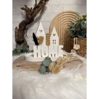 Dekotablett Mit 2 Weiße Häusern & Schriftzug Home, Raysin/Keraflott, Deko Wohnzimmer von KBDekoHandmade