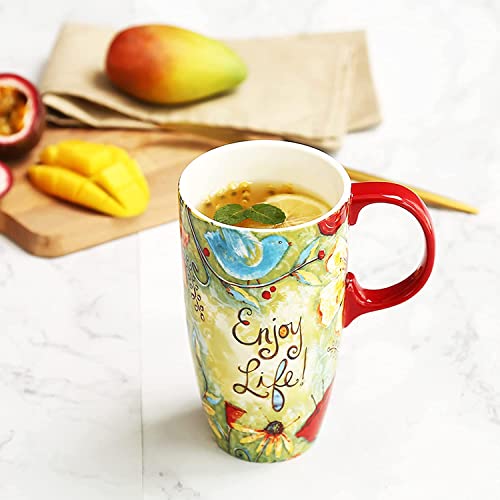KBEAZY Keramik-Tasse, große Kaffeetasse, hohe Tassen, Porzellan, Latte-Teetasse mit Deckel, 482 ml, genießen Sie das Leben von KBEAZY