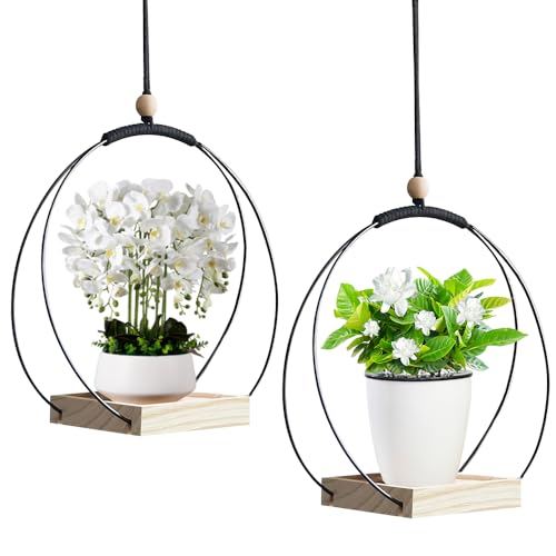 KBIBCK 2 Stück Makramee Blumenampel, Blumenampel Hängend Innen mit hölzernen Basis, Hängetopf für Pflanzen, Hängender Blumentopf, Aufhängehaken inklusivee, Metallring für den Innenbereich von KBIBCK