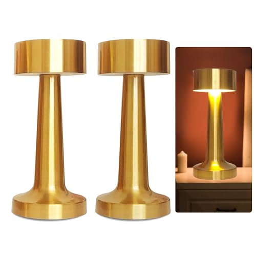 KBIBCK 2 Stück Tischlampe Gold, Tischlampe Kabellos, LED Akku Tischleuchte, Touch Dimmbar Nachttischlampe, Tragbar USB Nachttischlampe, 3 Farbwechsel Für drinnen und draußen geeignet (Gold) von KBIBCK