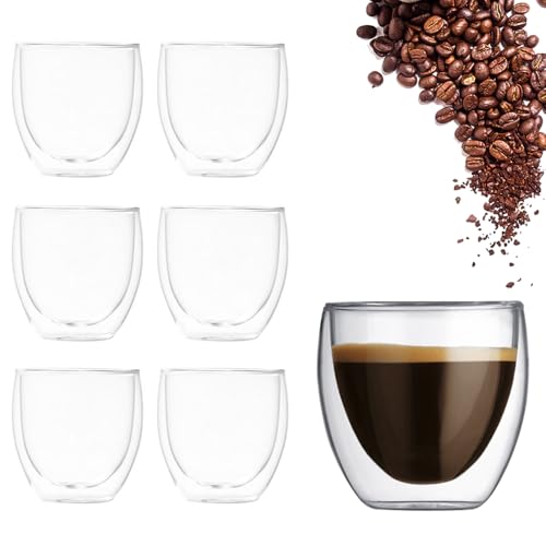 KBIBCK Doppelwandige Espressotassen, 6 Stück Doppelwandige Kaffeegläser 80 ml, Espresso Gläser, Thermogläser, Ausgefallene Espressotassen Glas ohne Henkel für alle Espressomaschinen Pülmaschinenfestes von KBIBCK