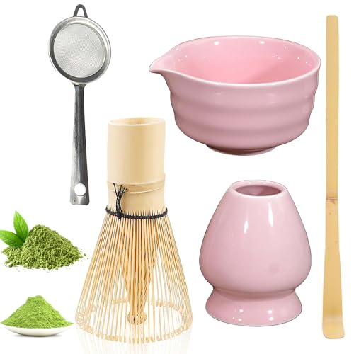 KBIBCK 5-Teiliges Matcha Tee Set, Matcha Besen, Matcha-Schneebesen, Matcha Schale, Matcha Löffel, Bambusbesen Matcha Set, Matcha Besenhalter, Matcha zubehör, Bestes Geschenk für Ihre Lieben (rosa) von KBIBCK
