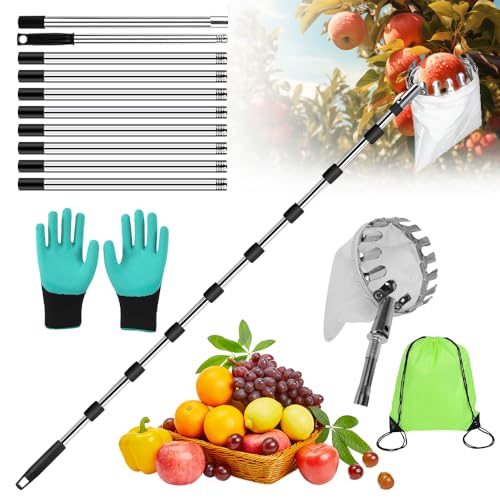 KBIBCK Obstpflücker mit Teleskopstiel, 4,2M Apfelpflücker, Kirschenpflücker mit Leichter Edelstahl Teleskoppfahl und Baumwollbeutel, Pflaumenpflücker for Reaching Inaccessible Places in Fruit Trees von KBIBCK