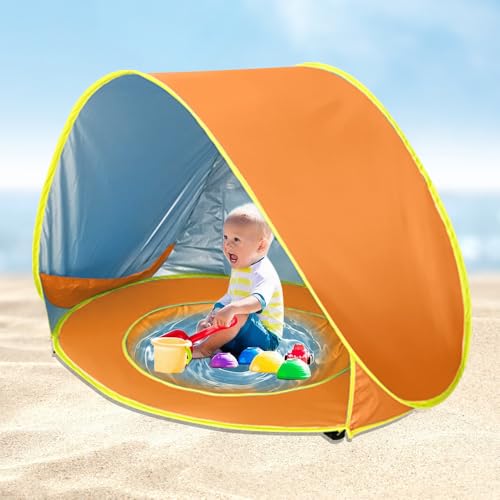KBIBCK Strandmuschel Pop Up, Pop Up Strandzelt mit UV Schutz, Baby Strand Zelt mit Mini Pool, Tragbar Pop Up Baby Strandzelt mit Tragetasche und Zeltpflöcke für Kleinkinder, Picknick, Garten (Orange) von KBIBCK