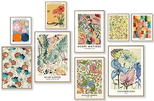 Bunte eklektische Wandkunstdrucke, KBKBART 9 Stück Vintage eklektische Wanddekoration Matisse William Morris Blumenmarkt Maximalist Eklektische Heimdekoration, trendiger Maximalismus, berühmter von KBKBART