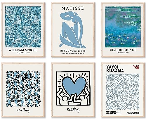 Matisse Wandkunstdrucke, 6er-Set, abstrakte blaue Matisse-Wandkunst, Ausstellungsposter, moderner blauer Matisse-Druck, William Morris-Gemälde, Yayoi Kusama-Poster, Claude Monet, von KBKBART