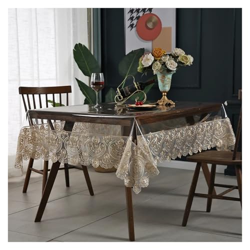 KBLDOPN Tischdecke Transparent PVC Tablecloth Embroidery Lace Transparency PVC Table Cloth Waterproof Oilproof Kitchen Dining Table Cover for Rectangular Table Für Tisch(150x250cm) von KBLDOPN