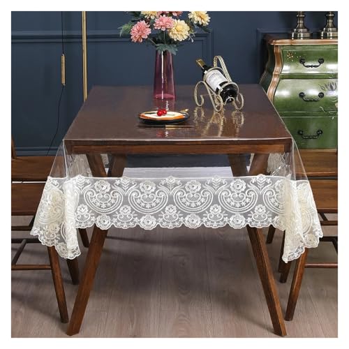 KBLDOPN Tischdecke Transparent PVC Tablecloth Embroidery Lace Transparency PVC Table Cloth Waterproof Oilproof Kitchen Dining Table Cover for Rectangular Table Für Tisch(White,150x250cm1pcs) von KBLDOPN