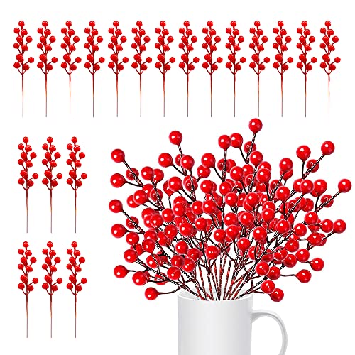 KBNIAN 20 Stück Weihnachtsrote Künstliche Beeren 20 cm Künstliche Holly Berry Rote Beere Gefälschte Beerenzweige Beerenstängel für DIY Weihnachtsbaum Kranz Hochzeit Partydekoration von KBNIAN