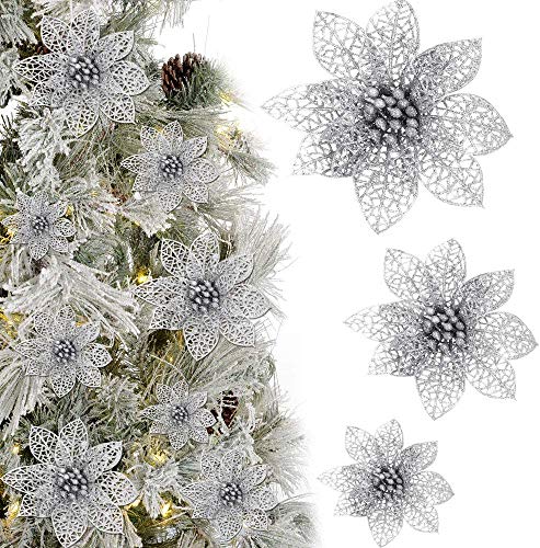 KBNIAN 24 Stück Silber Poinsettia Kunstblumen Weihnachtsbaumschmuck künstliche Blumen Weihnachtsbaum Ornament für Weihnachtsblumen Baum Kränze Dekor Ornament von KBNIAN