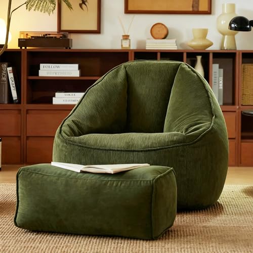 KBZSlyn Riesiger Sitzsackbezug (ohne Füllung) bequemes Cord-Sofa for Erwachsene, Teenager, Lounge-Couch mit Ottomane, Fußstütze, Sessel, Schlafzimmer, Wohnzimmer, Wohnheim(2in1 CD-Dark Green) von KBZSlyn