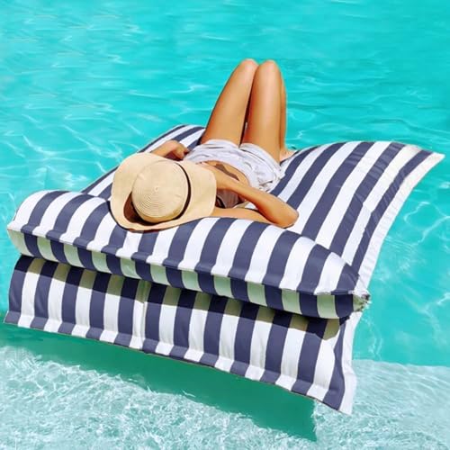KBZSlyn Schwimmender Sitzsackbezug for Erwachsene (ohne Füllung) Schwimmbecken-Schlafsofa ultraweich wasserdicht Chaiselongue mit Kissen Pouf gestreifte Couch Strand(Darkgrey,L-140x180cm-cover) von KBZSlyn