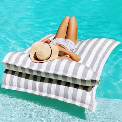 KBZSlyn Schwimmender Sitzsackbezug for Erwachsene (ohne Füllung) Schwimmbecken-Schlafsofa ultraweich wasserdicht Chaiselongue mit Kissen Pouf gestreifte Couch Strand(Lightgrey,L-140x180cm-cover) von KBZSlyn