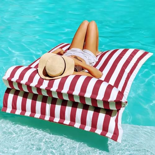 KBZSlyn Schwimmender Sitzsackbezug for Erwachsene (ohne Füllung) Schwimmbecken-Schlafsofa ultraweich wasserdicht Chaiselongue mit Kissen Pouf gestreifte Couch Strand(Red,L-140x180cm-cover) von KBZSlyn