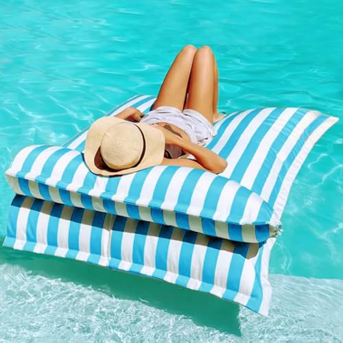 KBZSlyn Schwimmender Sitzsackbezug for Erwachsene (ohne Füllung) Schwimmbecken-Schlafsofa ultraweich wasserdicht Chaiselongue mit Kissen Pouf gestreifte Couch Strand(SkyBlue,L-140x180cm-cover) von KBZSlyn