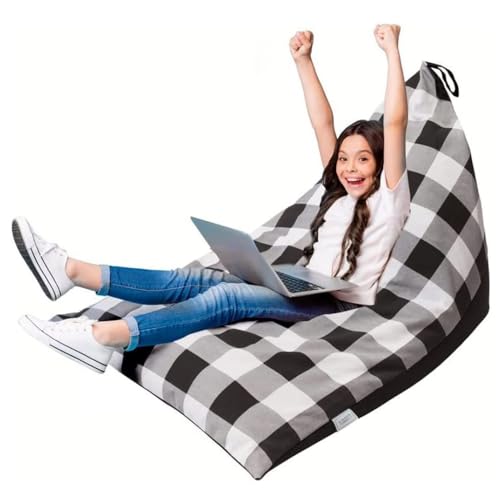 KBZSlyn Sitzsack-Stuhlbezug mit Stofftier-Aufbewahrung Sitzsack-Stuhl for Kinder und Erwachsene Sitzsack Spielzeugaufbewahrung for Jungen und Mädchen Premium-Baumwoll Canvas grau gestreift(Black) von KBZSlyn