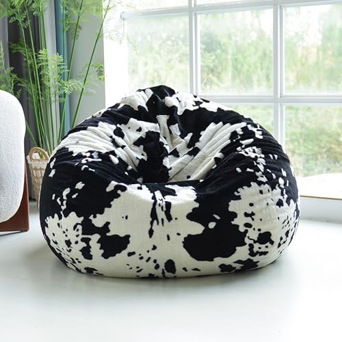KBZSlyn Sitzsackbezug aus Kaninchenfellimitat (ohne Füllmaterial) gefleckter Kuhdruck, abnehmbar, waschbar, weicher Sessel, Lazy Sofa, Plüsch-Schonbezug(Black and Gray Cow Color) von KBZSlyn