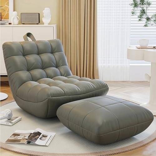 Sitzsackbezug (ohne Füllung) mit Ottomane, Fußhocker Pouf Leere Liege Lazy Sofa Bett Couch Sack | Wasserdichtes Kunstleder | Selbstbefüllen for drinnen und draußen(Grey-with Stool) von KBZSlyn