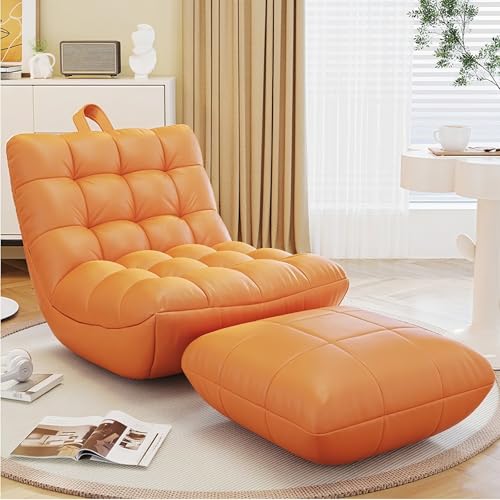 Sitzsackbezug (ohne Füllung) mit Ottomane, Fußhocker Pouf Leere Liege Lazy Sofa Bett Couch Sack | Wasserdichtes Kunstleder | Selbstbefüllen for drinnen und draußen(Orange-with Stool) von KBZSlyn