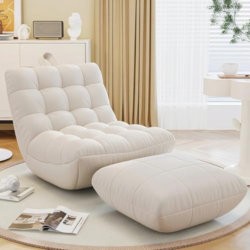Sitzsackbezug (ohne Füllung) mit Ottomane, Fußhocker Pouf Leere Liege Lazy Sofa Bett Couch Sack | Wasserdichtes Kunstleder | Selbstbefüllen for drinnen und draußen(White-with Stool) von KBZSlyn