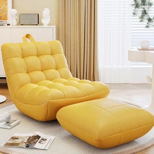 Sitzsackbezug (ohne Füllung) mit Ottomane, Fußhocker Pouf Leere Liege Lazy Sofa Bett Couch Sack | Wasserdichtes Kunstleder | Selbstbefüllen for drinnen und draußen(Yellow-with Stool) von KBZSlyn