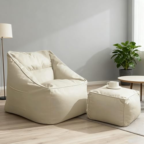 Sitzsackbezug aus Kunstleder (ohne Füllung) Einzelsofa, Pouf, Ottomane, Sessel, Sitzsack, Couch, weiche Chaiselongue for Erwachsene | Wohnzimmer Schlafzimmer(Beige,2 in 1-FD Cover) von KBZSlyn