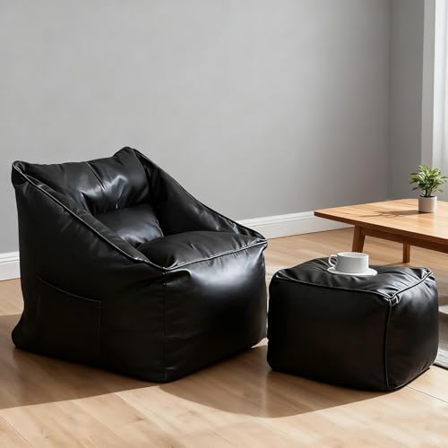 Sitzsackbezug aus Kunstleder (ohne Füllung) Einzelsofa, Pouf, Ottomane, Sessel, Sitzsack, Couch, weiche Chaiselongue for Erwachsene | Wohnzimmer Schlafzimmer(Black,2 in 1-FD Cover) von KBZSlyn