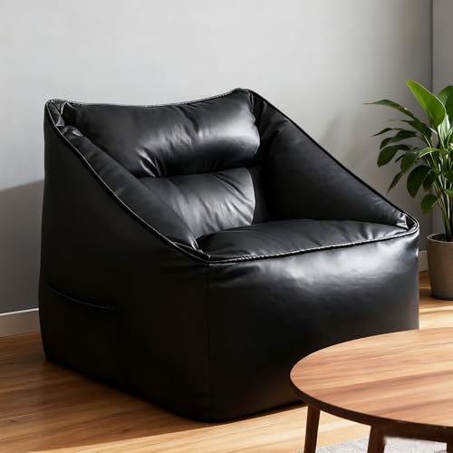 Sitzsackbezug aus Kunstleder (ohne Füllung) Einzelsofa, Pouf, Ottomane, Sessel, Sitzsack, Couch, weiche Chaiselongue for Erwachsene | Wohnzimmer Schlafzimmer(Black,Single Sofa Cover) von KBZSlyn