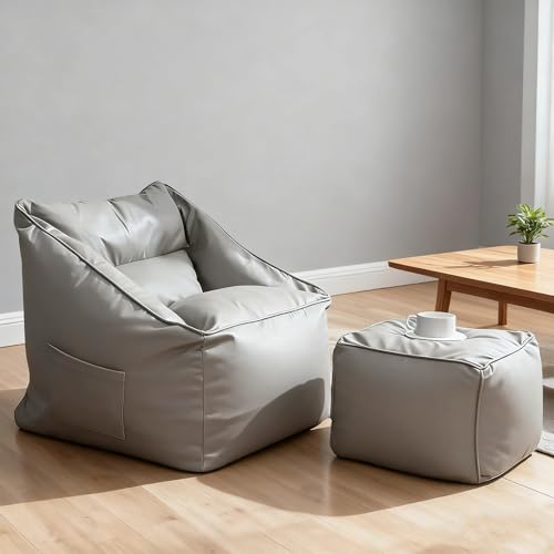 Sitzsackbezug aus Kunstleder (ohne Füllung) Einzelsofa, Pouf, Ottomane, Sessel, Sitzsack, Couch, weiche Chaiselongue for Erwachsene | Wohnzimmer Schlafzimmer(Gray,2 in 1-FD Cover) von KBZSlyn