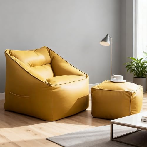 Sitzsackbezug aus Kunstleder (ohne Füllung) Einzelsofa, Pouf, Ottomane, Sessel, Sitzsack, Couch, weiche Chaiselongue for Erwachsene | Wohnzimmer Schlafzimmer(Yellow,2 in 1-FD Cover) von KBZSlyn