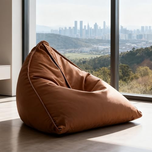 Sitzsackbezug aus Kunstleder (ohne Füllung) ergonomischer Pouf, wasserdicht, dreieckig, Sofabezug, weiche Lounge-Bodensitzgelegenheit for Erwachsene Schlafsaal(Orange Brown) von KBZSlyn