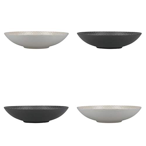 KitchenCraft Nudelschalen-Set mit 4 Stück in Geschenkbox, bleifreies glasiertes Steingut, geprägt in Grau / Schwarz, 22 cm, ideal für Ramen und Reis von KitchenCraft