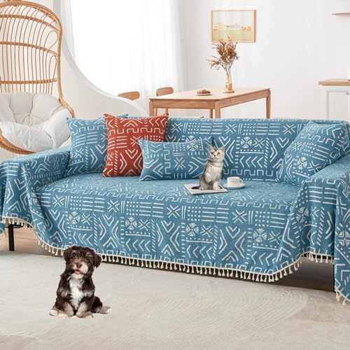 KCCRHIN Boho Sofabezug Übergröße Freizeit Sofaüberwurf Decke Mit Quaste Sofa Überzug Decke 3 Sitzer Vielseitige Couch Überwurf Für Sofa Mit Quasten Anti-Kratz Couch Cover,Blau,180*260cm/71*102.4in von KCCRHIN