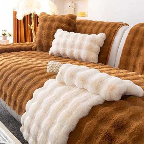KCCRHIN Kaninchen Plüsch Sofabezug 1 2 3 4 Sitzer Wavy Plüsch Sofaüberwurfe Ecksofa L/U Form Sofa Überzug rutschfeste Sofaschoner Dogs Couch Überzug Weicher Sofa Cover,Braun,70 * 70cm/27.6 * 27.6in von KCCRHIN