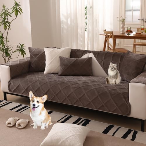 KCCRHIN Karo Samt Sofabezug Ecksofa L Form 1 2 3 4 Sitzer Einfarbiger Couch Bezug Weich Sofaüberwurf rutschfest Sofaschoner Waschbar Sofa Überzug Sofaschutz Katze Hund,Braun,90 * 180cm/35.4 * 71in von KCCRHIN