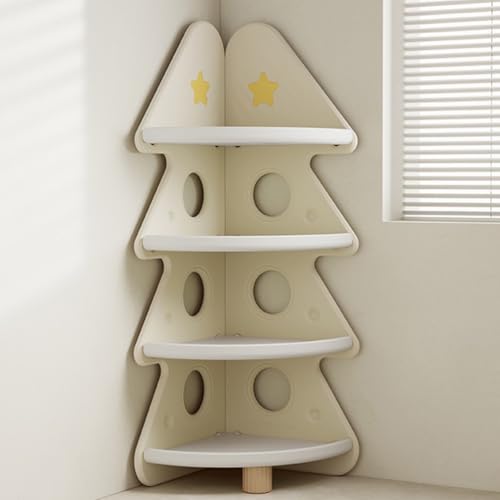 KCCRHIN Kinderbibliothek, 4-Stöckiges Regal Für Bücher Spielzeug, Kinderbuchregal Eckbuchregal,Bilderbuchregal in Baumform, Aufbewahrungsschrank Für Kinderzimmer,Beige,4 Tier von KCCRHIN