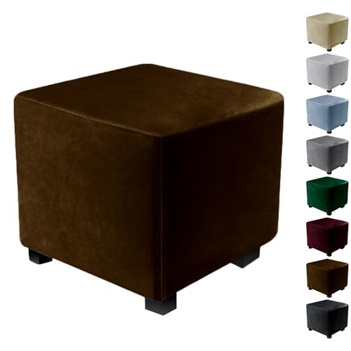 KCCRHIN Samt Quadratisch Ottomane Schonbezug Elastische Hocker Bezug Hussen Für Fußhocker Ottomane Abdeckung Waschbar Abnehmbar Hocker Protector Footstool Ottoman Cover,Braun,L von KCCRHIN