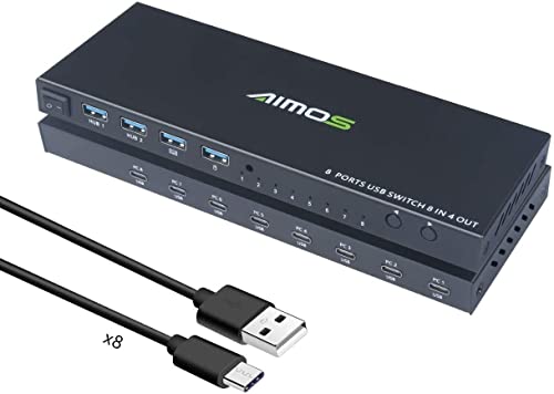 AIMOS USB Switch 8 In 4 Out Umschalter für Drucker, Scanner, Tastatur, USB Sticks, Festplatten, Maus, mit 4 Kabel 1.6 M von KCEVE