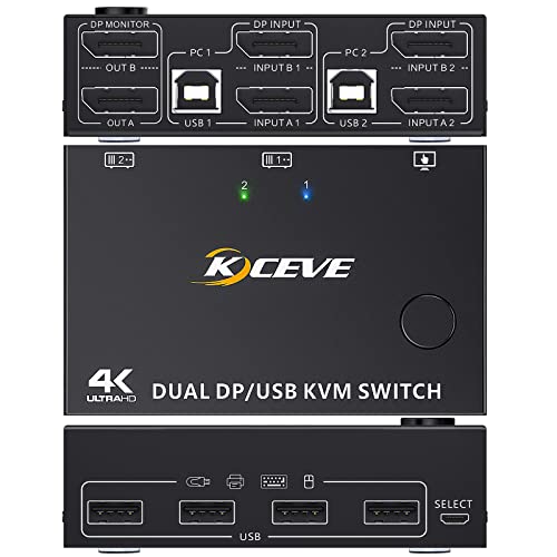 DP KVM Switch für 2 Computer und 2 Monitore, KCEVE Displayport USB KVM Umschalter, Unterstützt 4K@60Hz, Teilt Tastatur, Maus und Monitor von KCEVE