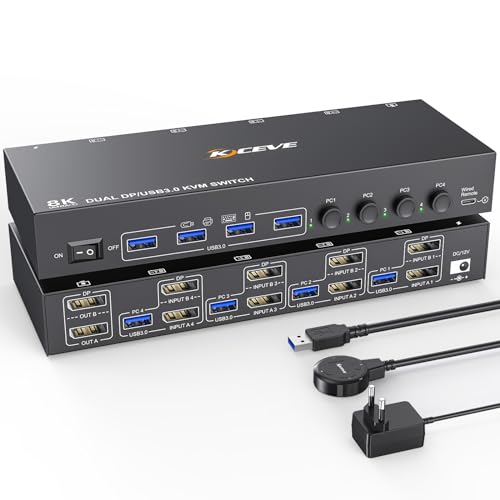 DP KVM Switch 4 Computer 2 Monitore, KCEVE Displayport USB 3.0 KVM-Umschalter für zwei Monitore, unterstützt 4K@60 Hz für 4 DP-Computer, die sich 2 DP-Monitore, Tastatur und Maus teilen von KCEVE