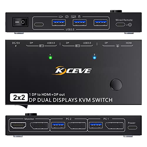 KVM Switch 2 Monitore 2 PC Displayport, KCEVE DP KVM Schalten, MST 2 Ein 2 Aus Displayport KVM Umschalter, HDMI und DP Monitorausgang für 2 Computer, teilen sich 2 Monitore von KCEVE
