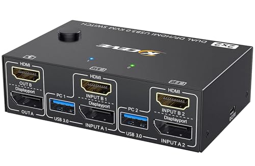 KCEVE KVM Switch 2 Monitore 2 Computer HDMI + DP, USB 3.0 Dual Monitor KVM Switch 4K @ 60Hz für 2 Computer Teilen 4 USB-Geräte Maus Tastatur, mit kabelgebundener Fernbedienung von KCEVE