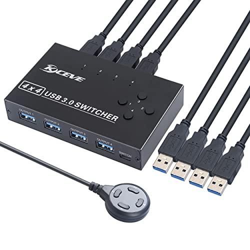 KCEVE USB 3.0 Switch, USB Switch Selector 4 Computer Sharing 4 USB-Geräte KVM Switcher Box für Share Drucker, Scanner, Maus, Tastatur, kompatibel mit Mac/Windows/Linux, mit 2 Stück USB 3.0 Kabel von KCEVE