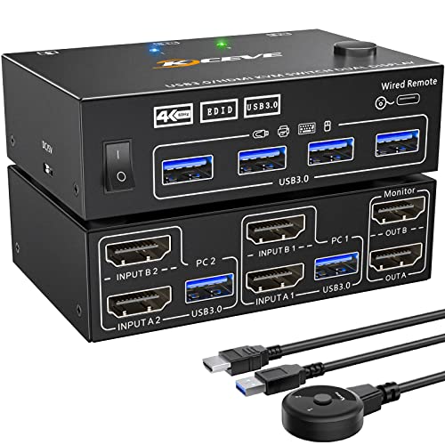 KVM Switch 2 Computer 2 Monitore, KCEVE HDMI USB 3.0 Umschalter Dual Monitore Mit EDID-Funktion, Unterstützt 4K@60Hz Aktie Monitor Maus Tastatur für Laptop, PC, PS5, Xbox von KCEVE